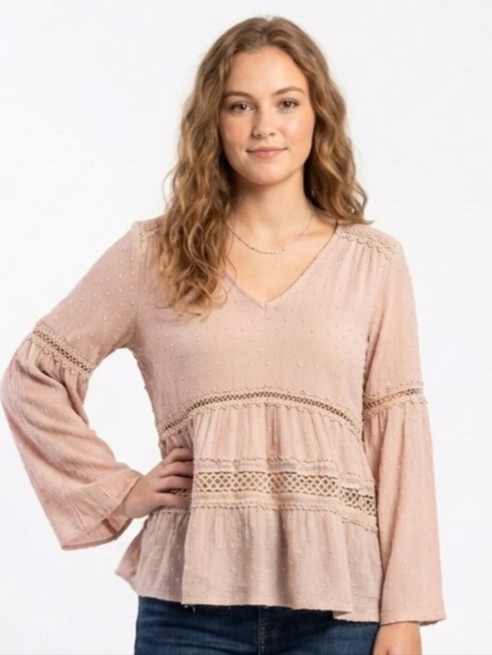 JJ Boutique Womens Blouse S Beige V-Neck Peasant Gauzy Bell Slv Lace embroidery